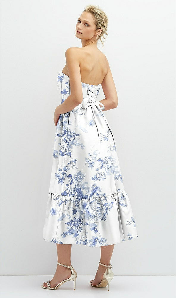 Back View - Cottage Rose Larkspur Floral Satin Strapless Midi Corset Dress with Lace-Up Back & Ruffle Hem