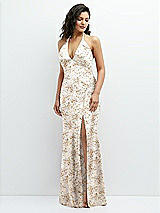 Front View Thumbnail - Golden Hour Floral Plunge Halter Open-Back Maxi Bias Dress with Tie Back