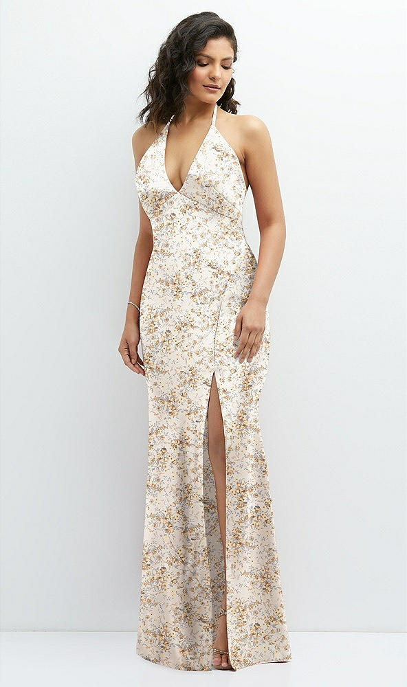 Front View - Golden Hour Floral Plunge Halter Open-Back Maxi Bias Dress with Tie Back