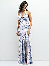 Front View Thumbnail - Magnolia Sky Floral Plunge Halter Open-Back Maxi Bias Dress with Tie Back