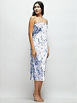 Side View Thumbnail - Magnolia Sky Floral Strapless Midi Bias Column Dress with Peek-a-Boo Corset Back