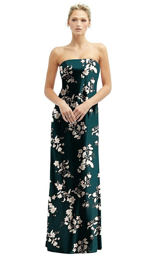 Front View - Vintage Primrose Floral Strapless Maxi Bias Column Dress with Peek-a-Boo Corset Back