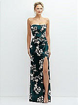 Front View Thumbnail - Vintage Primrose Floral Strapless Topstitched Corset Satin Maxi Dress with Draped Column Skirt