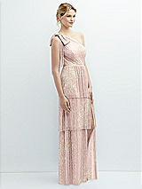 Side View Thumbnail - Pink Gold Foil Tiered Skirt Metallic Pleated One-Shoulder Bow Dress with Floral Gold Foil Print