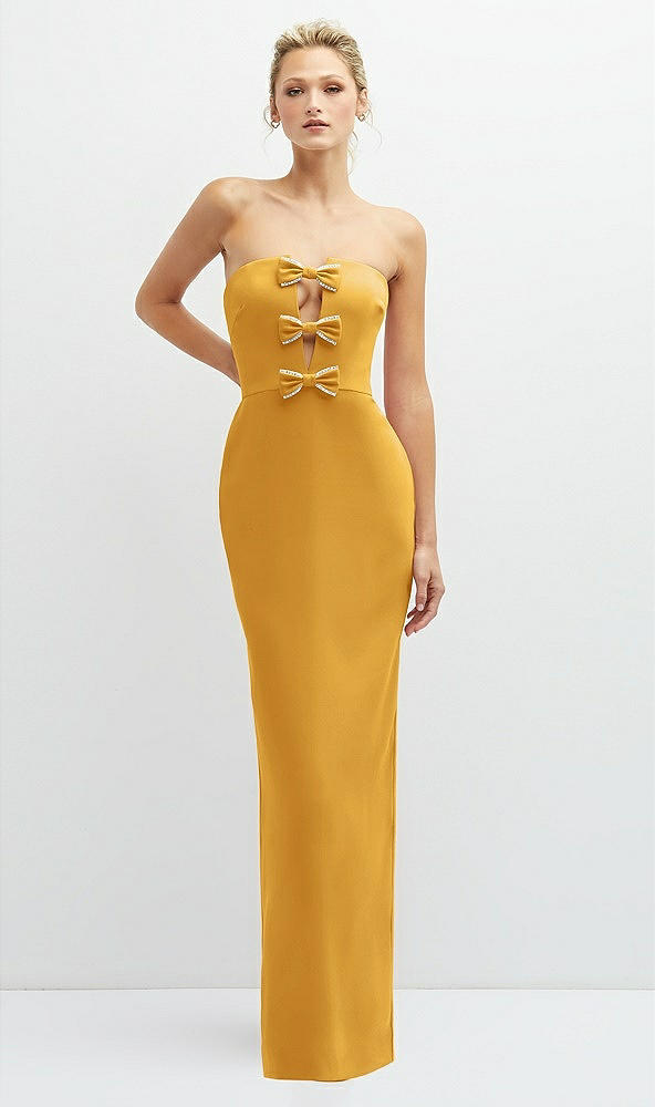 Front View - NYC Yellow Rhinestone Bow Trimmed Peek-a-Boo Deep-V Maxi Dress with Pencil Skirt