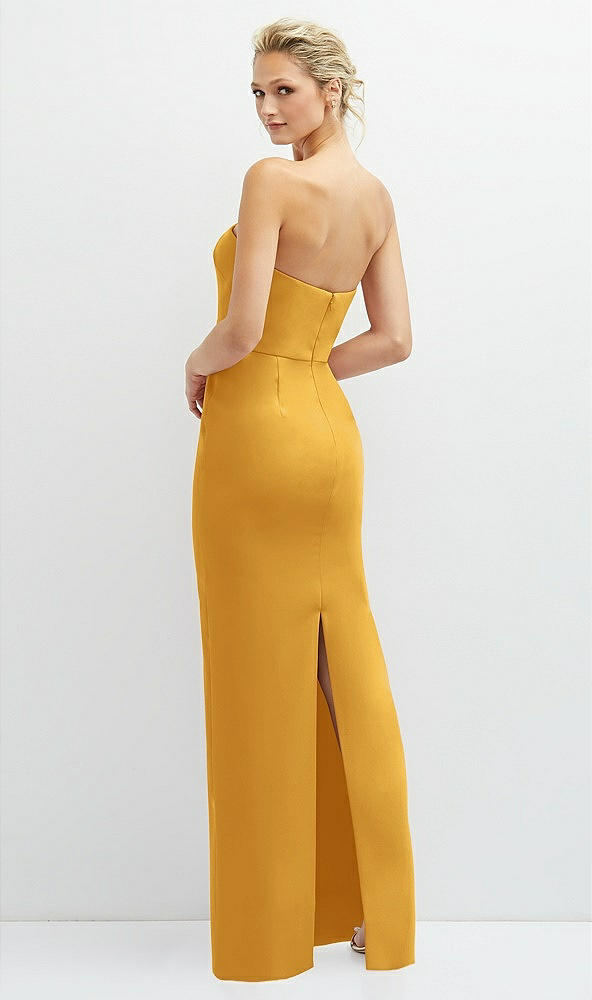 Back View - NYC Yellow Rhinestone Bow Trimmed Peek-a-Boo Deep-V Maxi Dress with Pencil Skirt