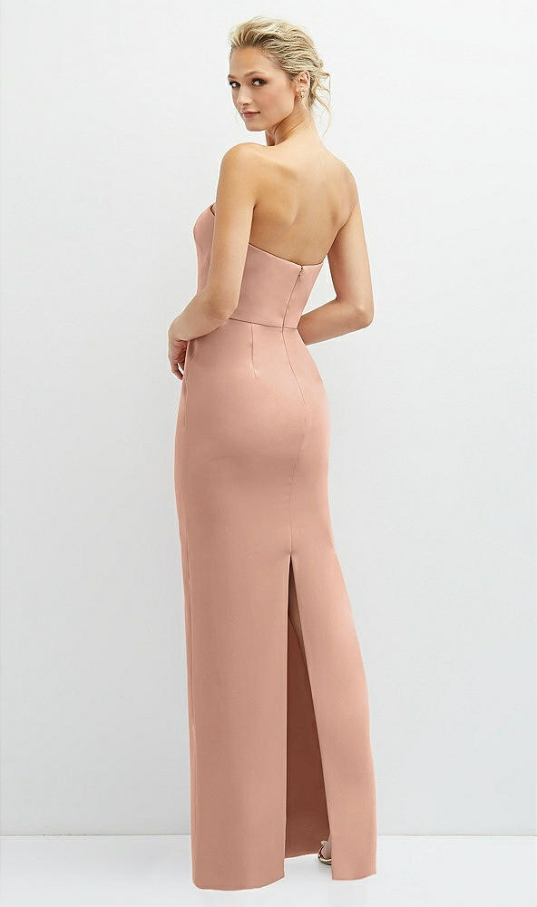 Back View - Pale Peach Rhinestone Bow Trimmed Peek-a-Boo Deep-V Maxi Dress with Pencil Skirt