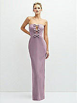 Front View Thumbnail - Suede Rose Rhinestone Bow Trimmed Peek-a-Boo Deep-V Maxi Dress with Pencil Skirt