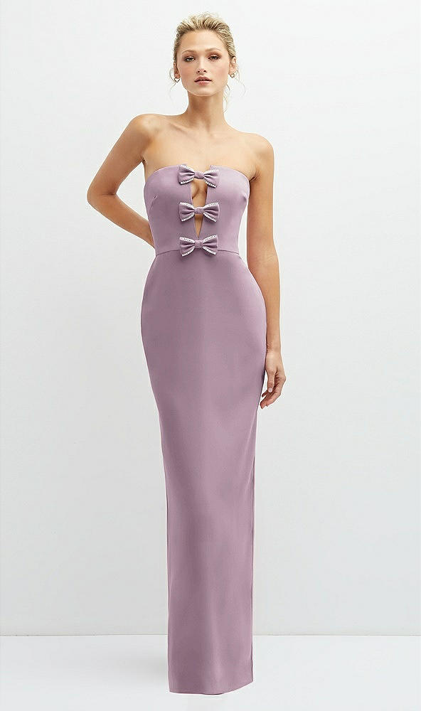 Front View - Suede Rose Rhinestone Bow Trimmed Peek-a-Boo Deep-V Maxi Dress with Pencil Skirt