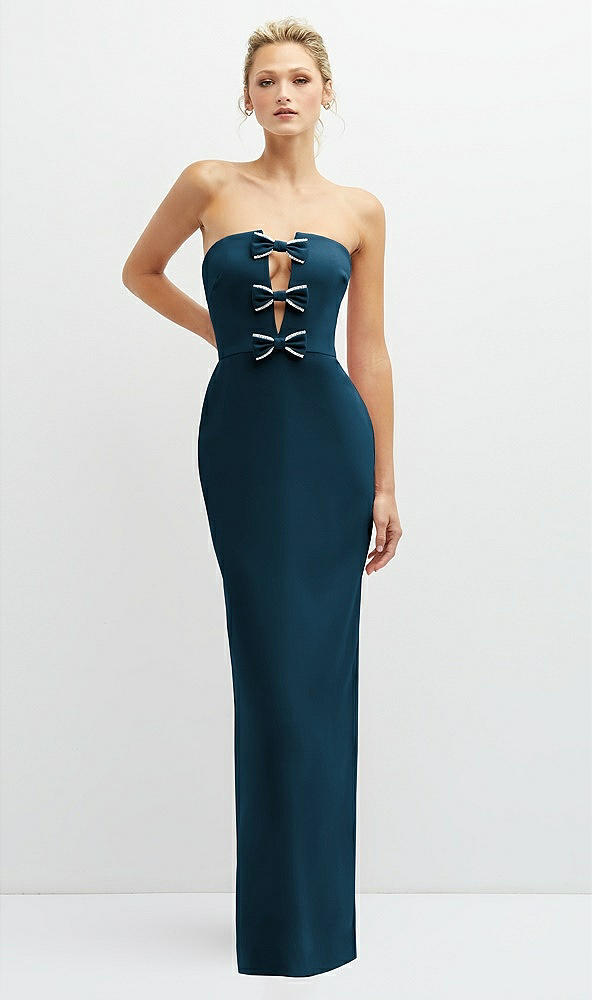 Front View - Atlantic Blue Rhinestone Bow Trimmed Peek-a-Boo Deep-V Maxi Dress with Pencil Skirt