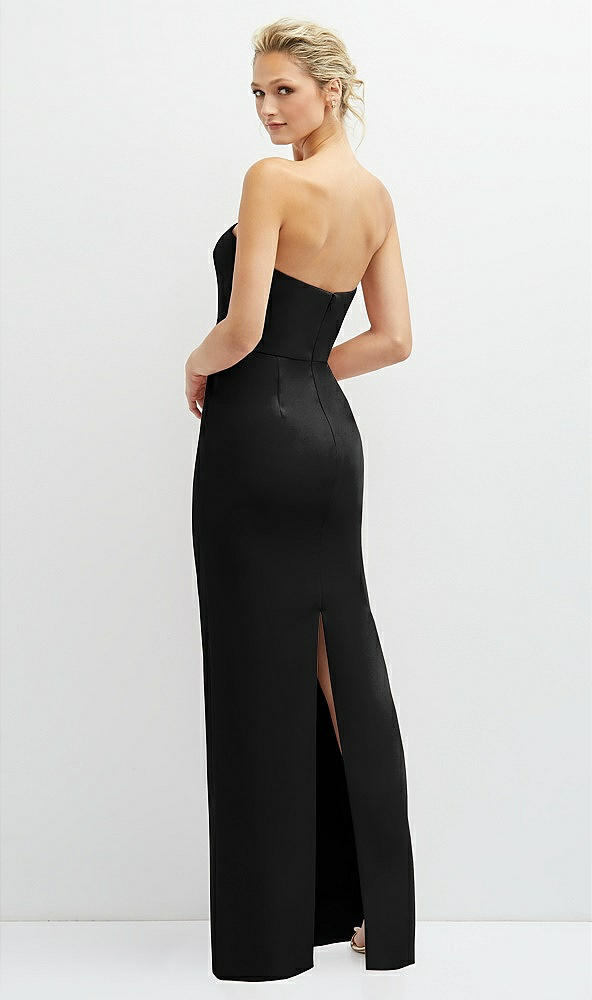 Back View - Black Rhinestone Bow Trimmed Peek-a-Boo Deep-V Maxi Dress with Pencil Skirt