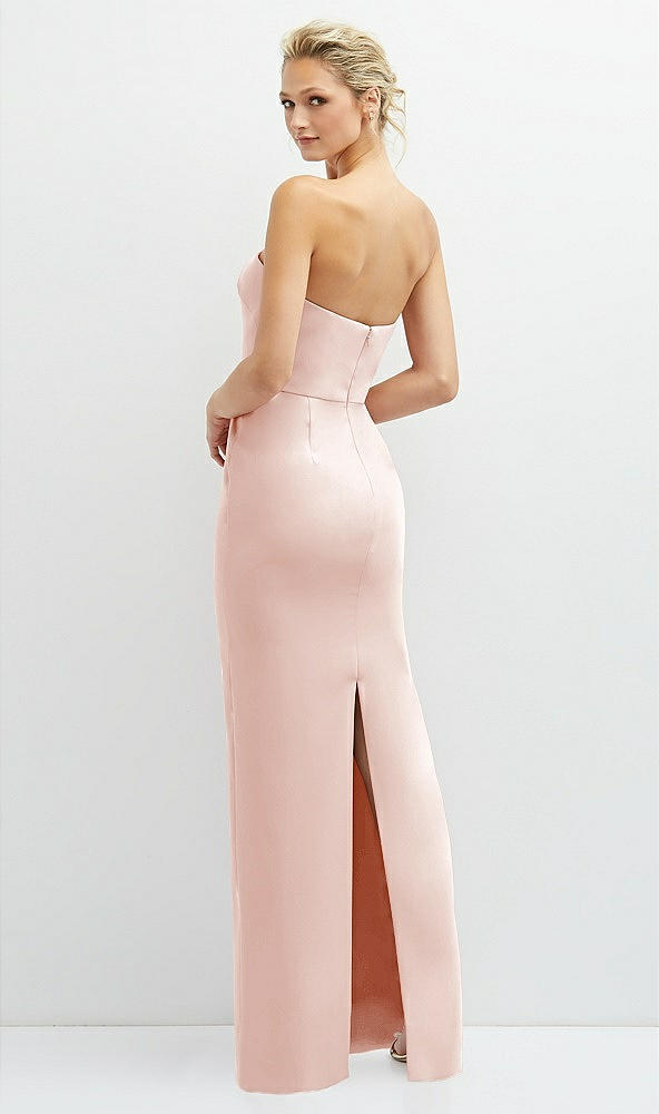 Back View - Blush Rhinestone Bow Trimmed Peek-a-Boo Deep-V Maxi Dress with Pencil Skirt