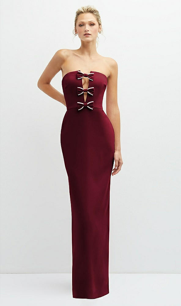 Front View - Burgundy Rhinestone Bow Trimmed Peek-a-Boo Deep-V Maxi Dress with Pencil Skirt