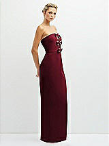 Side View Thumbnail - Burgundy Rhinestone Bow Trimmed Peek-a-Boo Deep-V Maxi Dress with Pencil Skirt
