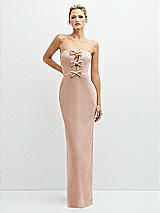 Front View Thumbnail - Cameo Rhinestone Bow Trimmed Peek-a-Boo Deep-V Maxi Dress with Pencil Skirt