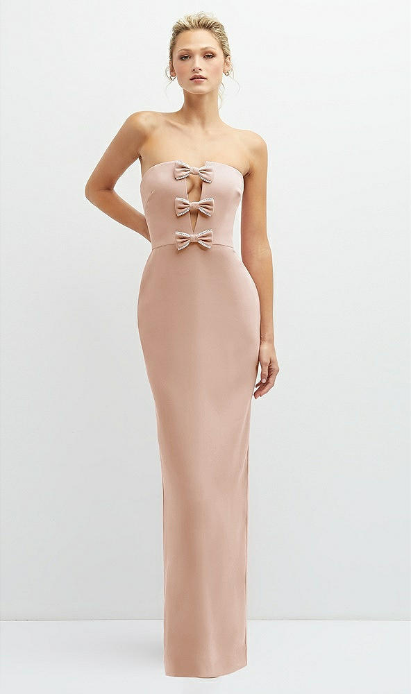 Front View - Cameo Rhinestone Bow Trimmed Peek-a-Boo Deep-V Maxi Dress with Pencil Skirt
