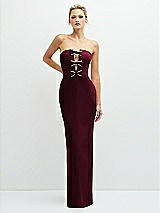 Front View Thumbnail - Cabernet Rhinestone Bow Trimmed Peek-a-Boo Deep-V Maxi Dress with Pencil Skirt