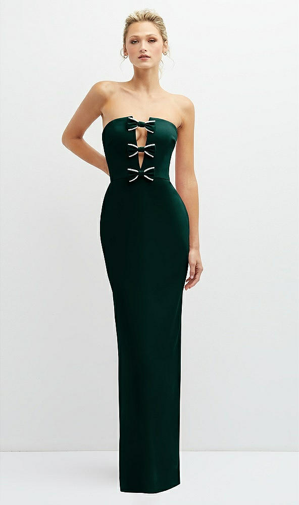 Front View - Evergreen Rhinestone Bow Trimmed Peek-a-Boo Deep-V Maxi Dress with Pencil Skirt