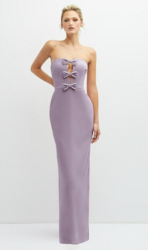 Front View - Lilac Haze Rhinestone Bow Trimmed Peek-a-Boo Deep-V Maxi Dress with Pencil Skirt
