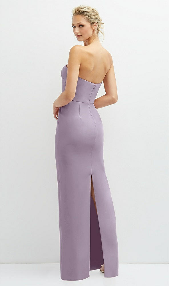 Back View - Lilac Haze Rhinestone Bow Trimmed Peek-a-Boo Deep-V Maxi Dress with Pencil Skirt