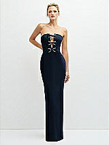 Front View Thumbnail - Midnight Navy Rhinestone Bow Trimmed Peek-a-Boo Deep-V Maxi Dress with Pencil Skirt