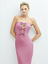 Alt View 1 Thumbnail - Powder Pink Rhinestone Bow Trimmed Peek-a-Boo Deep-V Maxi Dress with Pencil Skirt