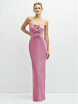 Front View Thumbnail - Powder Pink Rhinestone Bow Trimmed Peek-a-Boo Deep-V Maxi Dress with Pencil Skirt
