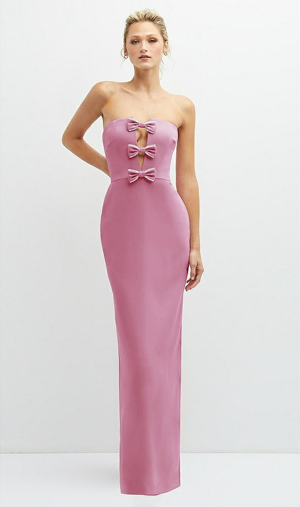 Front View - Powder Pink Rhinestone Bow Trimmed Peek-a-Boo Deep-V Maxi Dress with Pencil Skirt