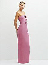 Side View Thumbnail - Powder Pink Rhinestone Bow Trimmed Peek-a-Boo Deep-V Maxi Dress with Pencil Skirt