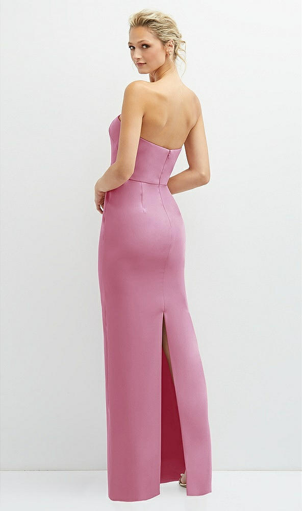 Back View - Powder Pink Rhinestone Bow Trimmed Peek-a-Boo Deep-V Maxi Dress with Pencil Skirt
