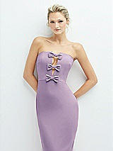 Alt View 1 Thumbnail - Pale Purple Rhinestone Bow Trimmed Peek-a-Boo Deep-V Maxi Dress with Pencil Skirt