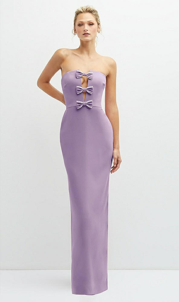 Front View - Pale Purple Rhinestone Bow Trimmed Peek-a-Boo Deep-V Maxi Dress with Pencil Skirt