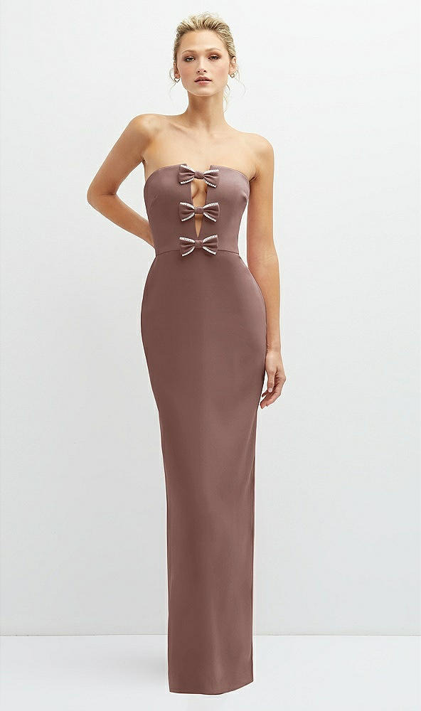 Front View - Sienna Rhinestone Bow Trimmed Peek-a-Boo Deep-V Maxi Dress with Pencil Skirt