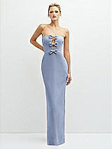 Front View Thumbnail - Sky Blue Rhinestone Bow Trimmed Peek-a-Boo Deep-V Maxi Dress with Pencil Skirt