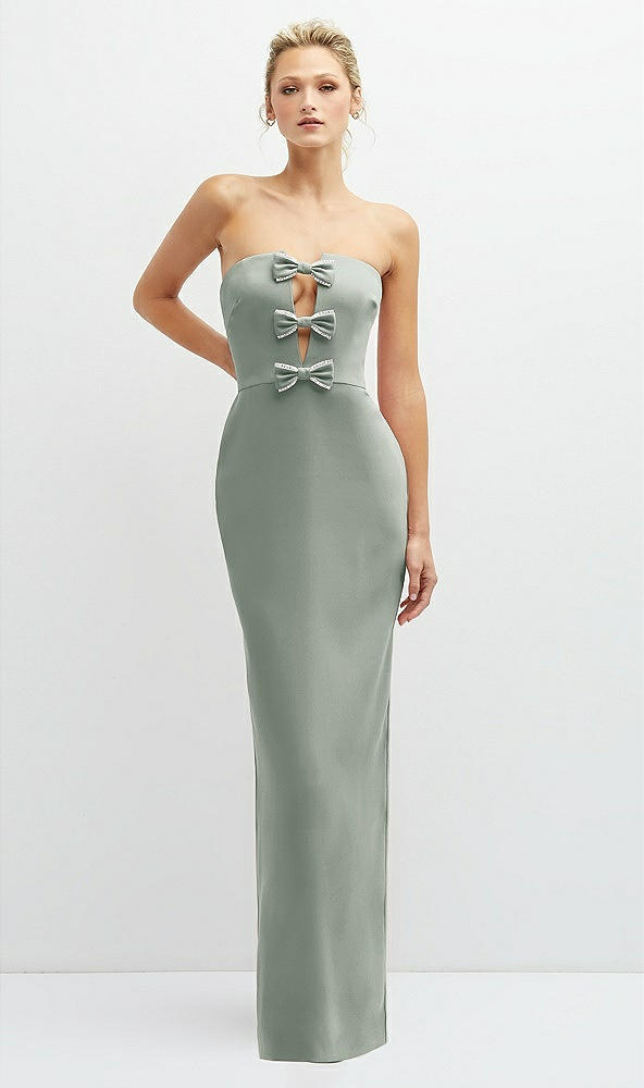 Front View - Willow Green Rhinestone Bow Trimmed Peek-a-Boo Deep-V Maxi Dress with Pencil Skirt