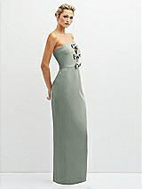 Side View Thumbnail - Willow Green Rhinestone Bow Trimmed Peek-a-Boo Deep-V Maxi Dress with Pencil Skirt
