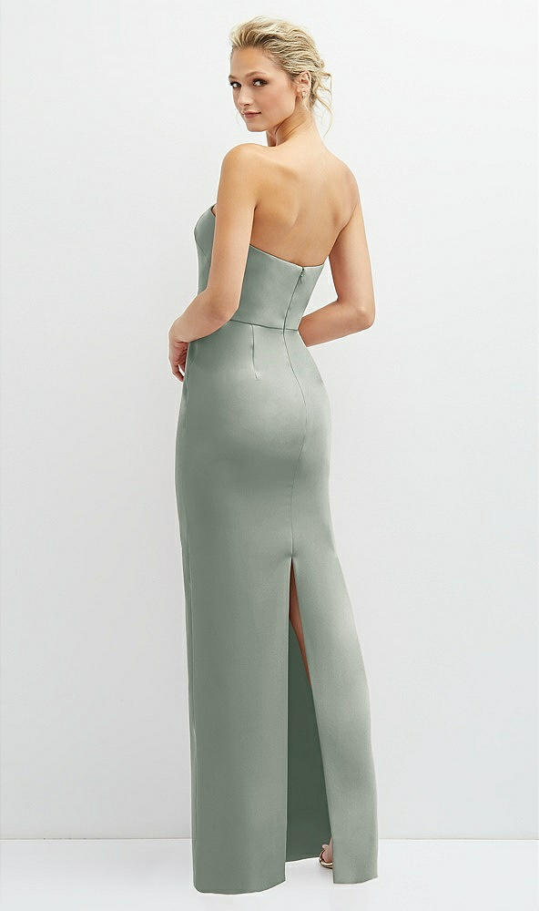 Back View - Willow Green Rhinestone Bow Trimmed Peek-a-Boo Deep-V Maxi Dress with Pencil Skirt