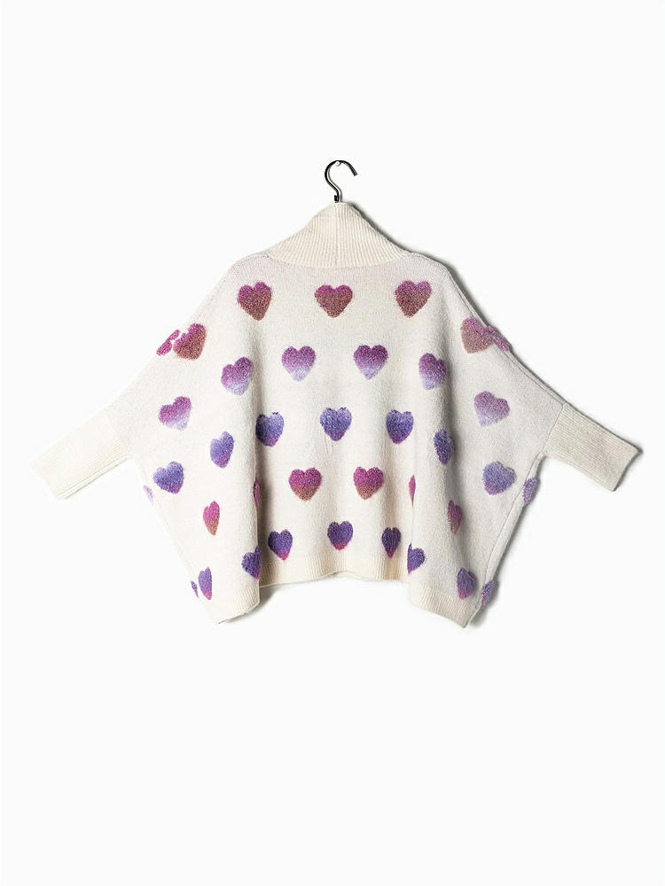 Back View - Ivory Cozy Pink & Purple Ombre Heart Cardigan Sweater