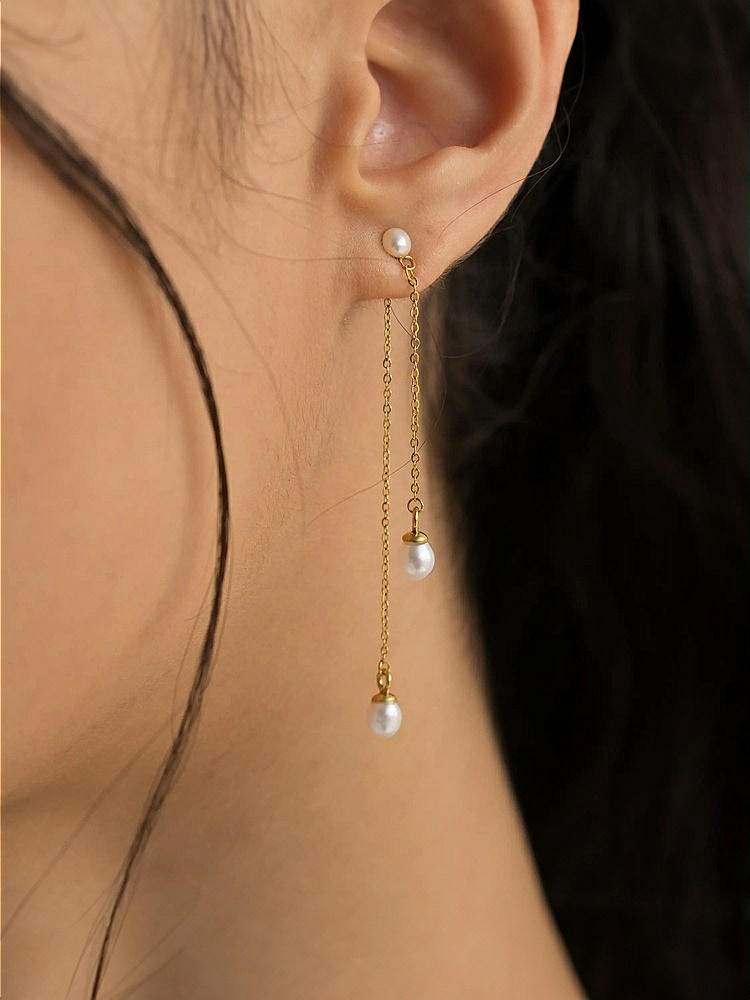 Back View - Natural Double Pearl Drop Earrings