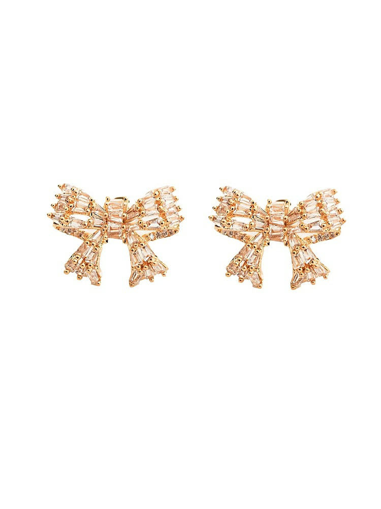Front View - Clear Glitzy Gold Mini Bow Stud Earrings
