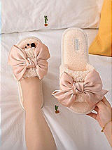 Rear View Thumbnail - Blush Open-Toe Fluffy Slippers with Silky Knot-Bow for Bridesmaids