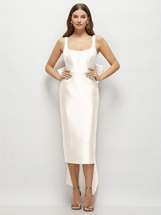 Corset Ivory Satin Midi Dress with Floor-Length Bow Tails - LWD