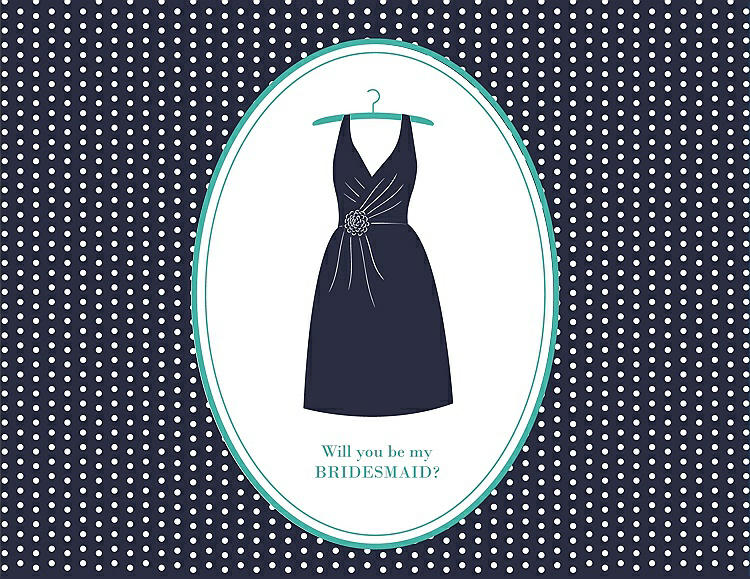 Front View - Navy Blue & Pantone Turquoise Will You Be My Bridesmaid Card - Dress