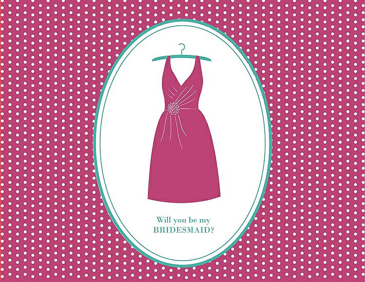 Front View - Strawberry & Pantone Turquoise Will You Be My Bridesmaid Card - Dress