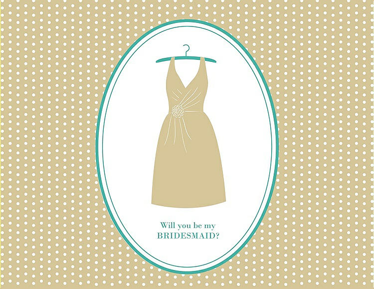 Front View - Venetian Gold & Pantone Turquoise Will You Be My Bridesmaid Card - Dress