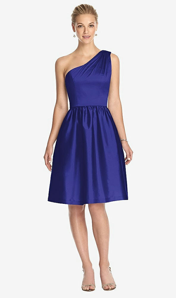 Front View - Electric Blue One Shoulder Cocktail Dress with Pockets