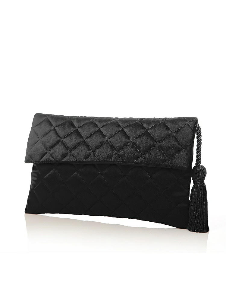Front View - Black Quilted Envelope Clutch with Tassel Detail