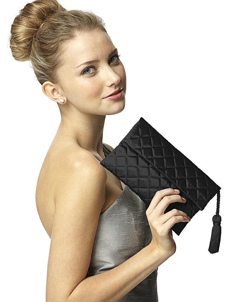 Back View - Black Quilted Envelope Clutch with Tassel Detail