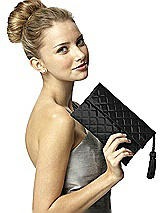 Rear View Thumbnail - Black Quilted Envelope Clutch with Tassel Detail