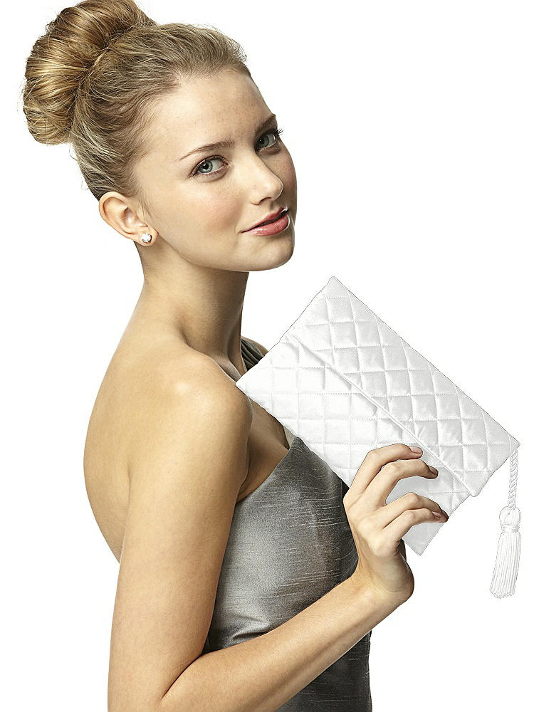 Back View - White Quilted Envelope Clutch with Tassel Detail